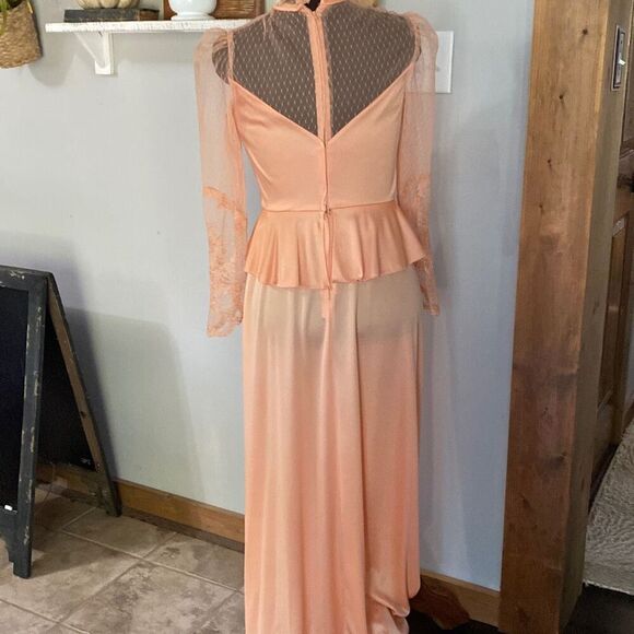 Vintage handmade maxi dress gown lace peach color costume wedding romantic appro - Picture 8 of 15